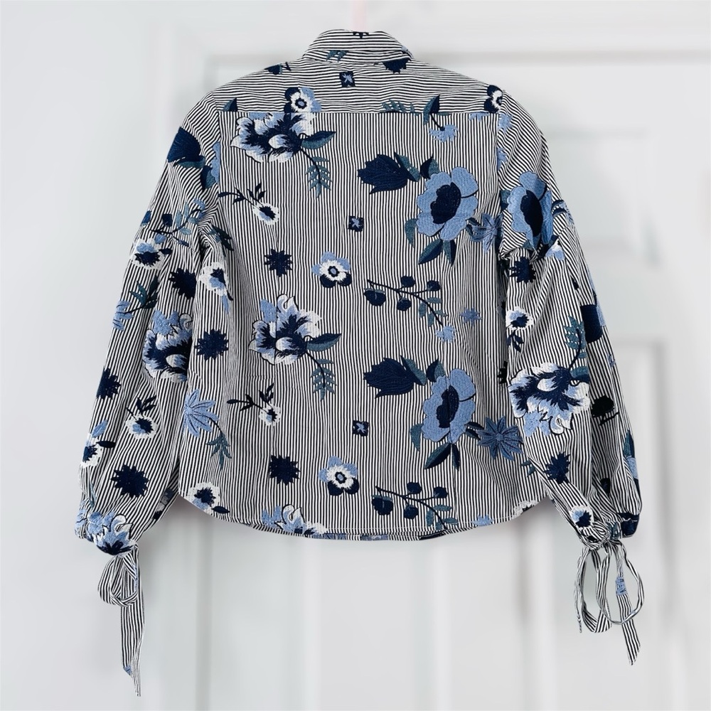 Nanette Lepore Floral Embroidered Boho Button Up Shirt Size L Balloon Sleeve tie - Picture 5 of 12